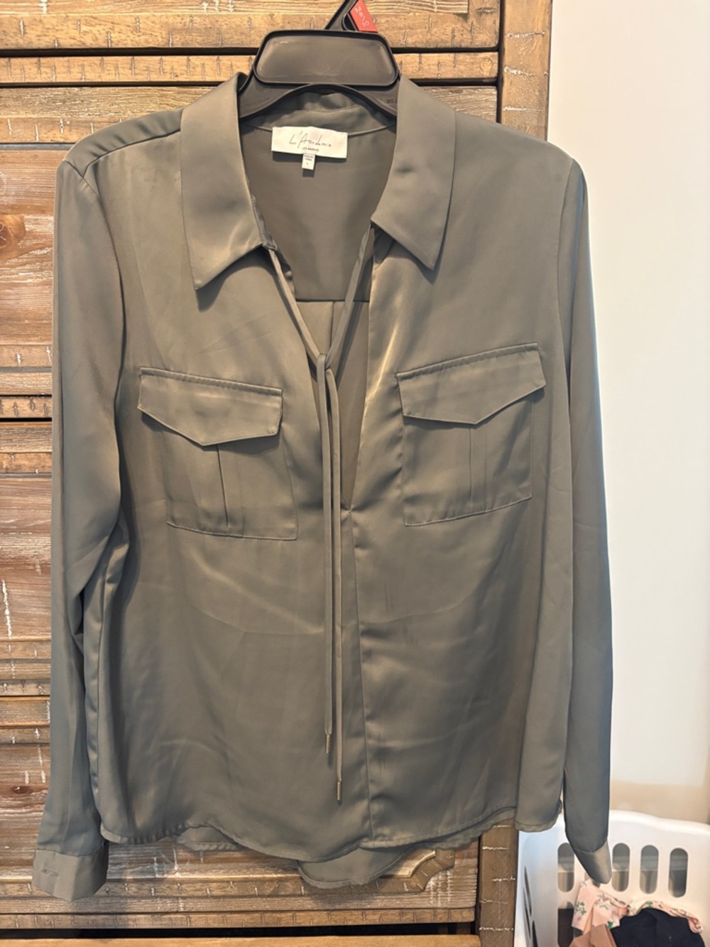 L'Acadamie Olive Satin Tie-Neck Utility Blouse